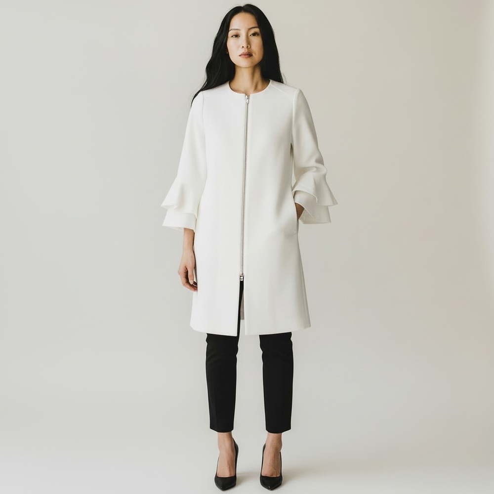 Zara Minimalist White Ruffle Sleeve Full Zip Top Coat